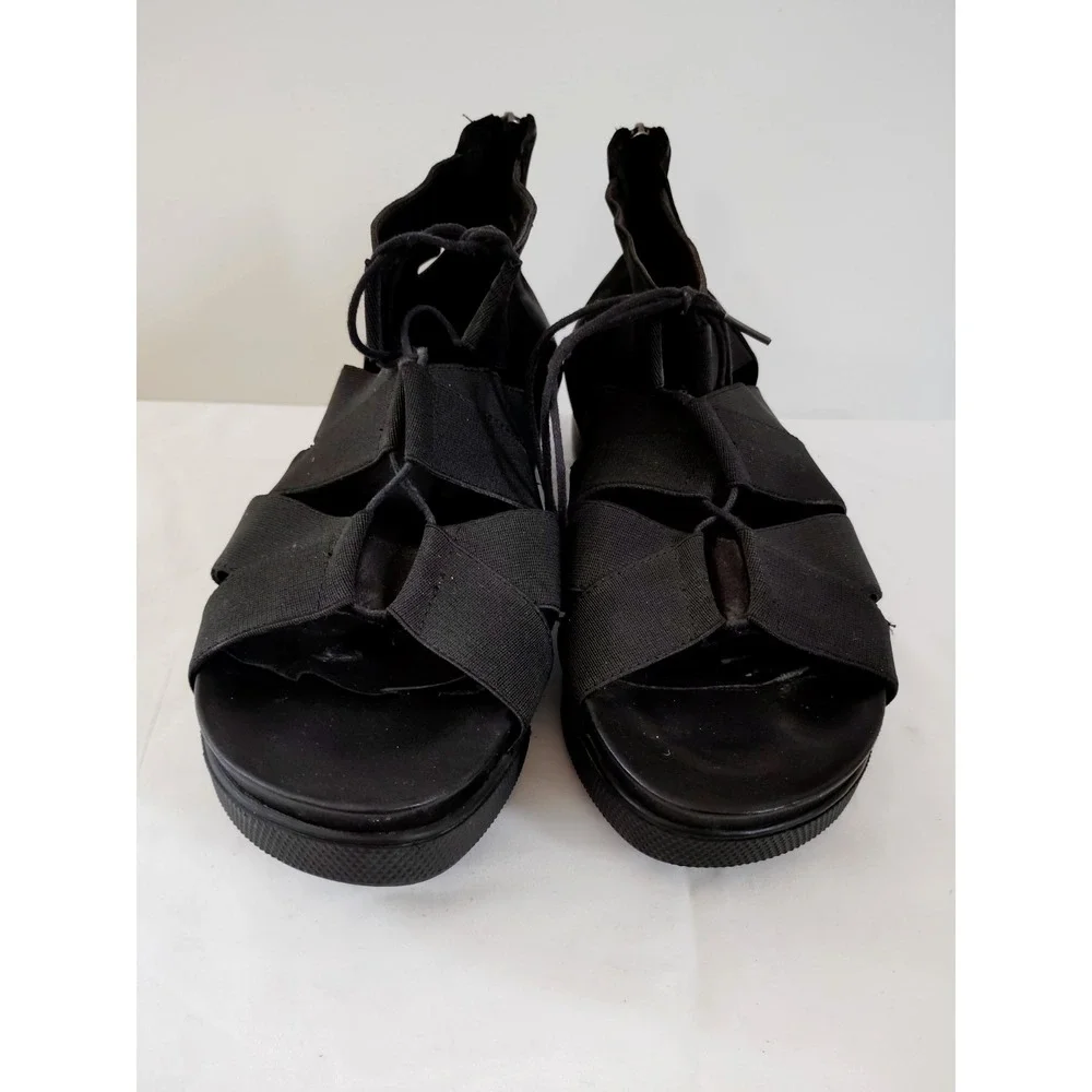 Eileen Fisher Dibs Link Lace-Up Sandal Black Stretch Wedge Gladiator Zip Back 11
